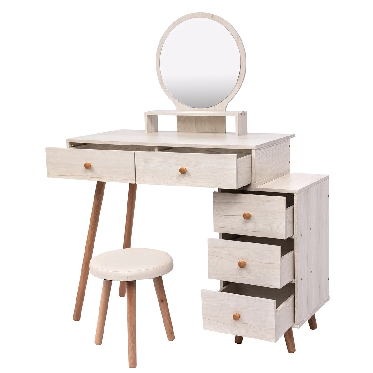 Makeup Vanity Table with Cushioned Stool, 5 Drawers, Round Mirror A510