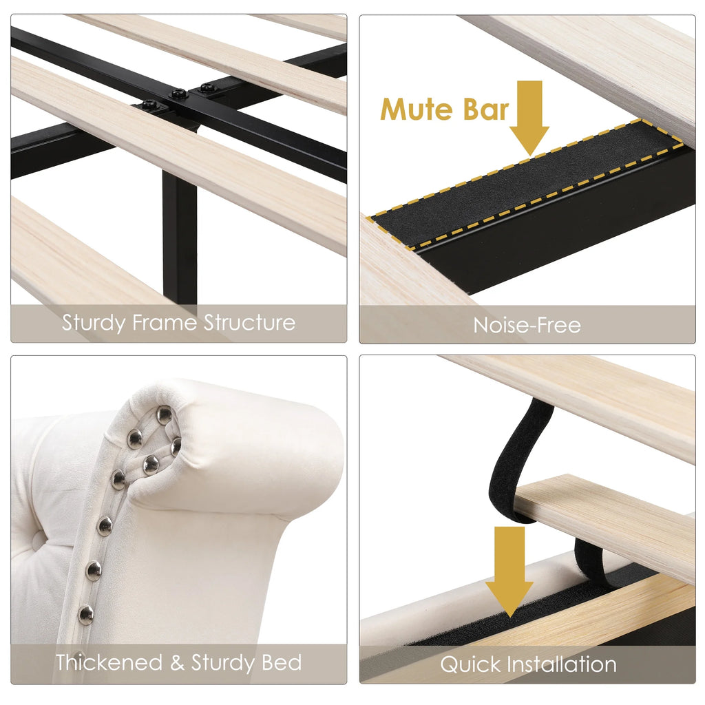 Queen Size White Velvet Upholstered Platform Bed Q1933