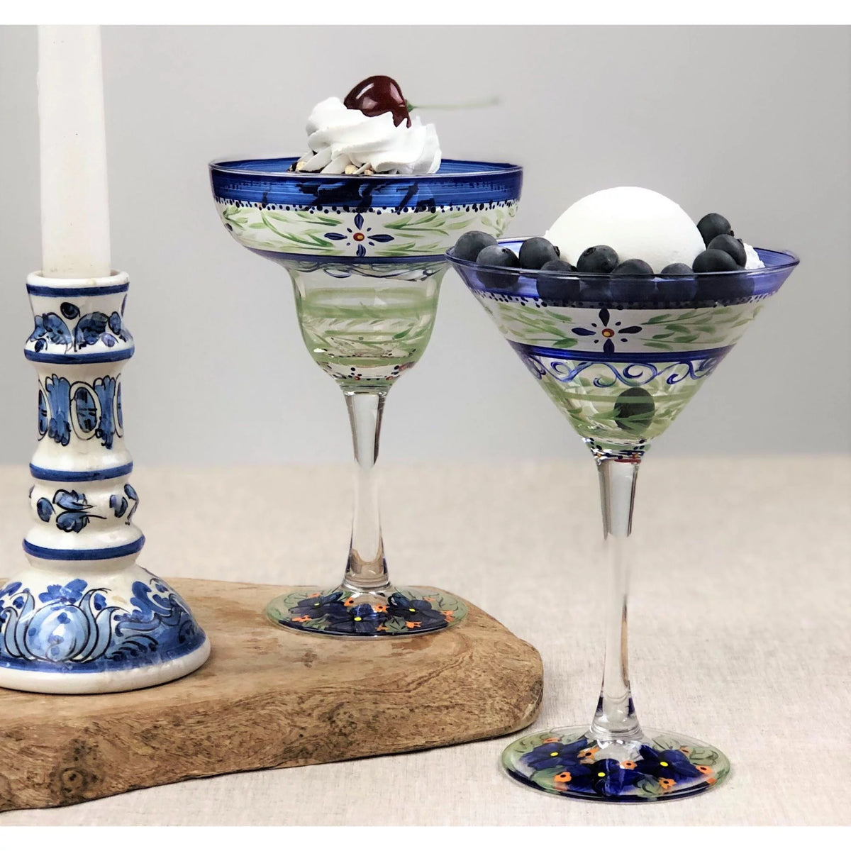 Set of 2 Green Floral Hand Painted Stemware Glasses 12 oz Z7394