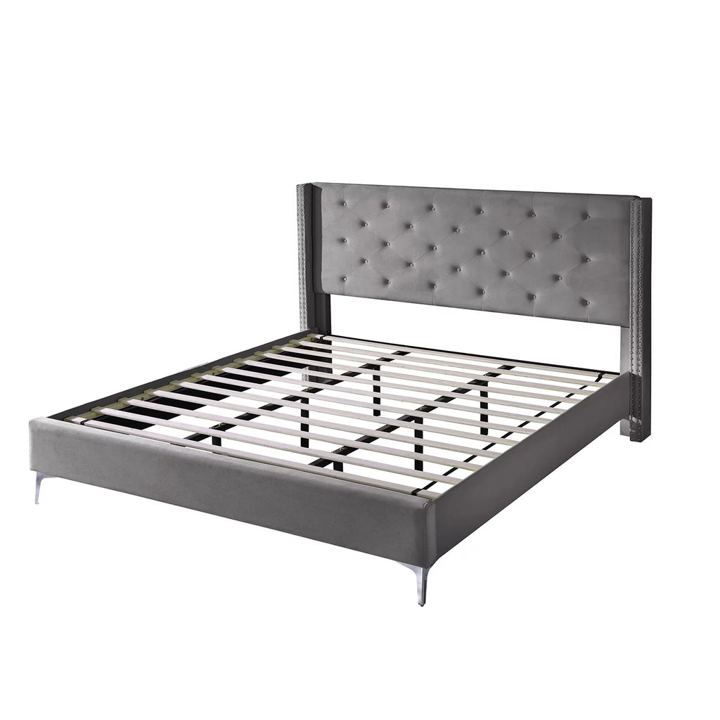 Wood Platform Bed Frame with Upholstered Headboard California King Gray I1671
