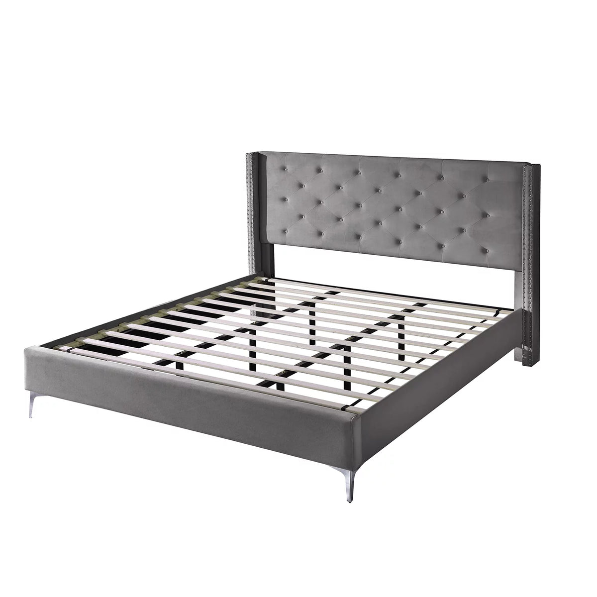 Wood Platform Bed Frame with Upholstered Headboard California King Gray I1671
