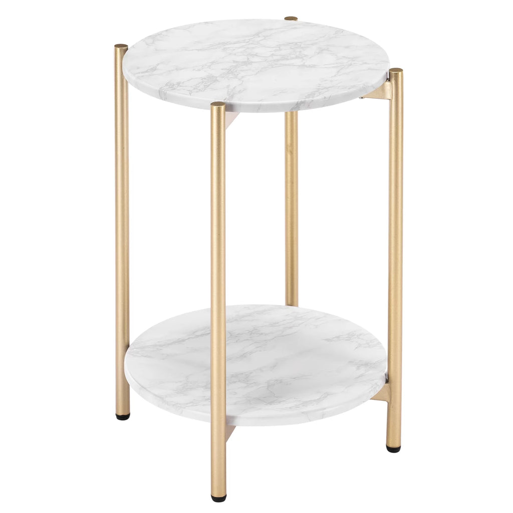 Gold White 2-Tier Round Faux Marble End Table T12201