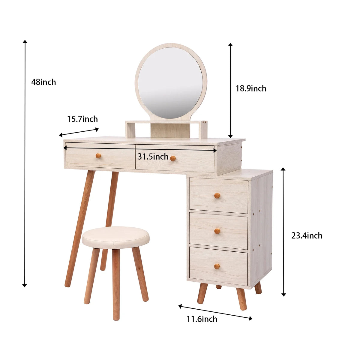 Makeup Vanity Table with Cushioned Stool, 5 Drawers, Round Mirror A510