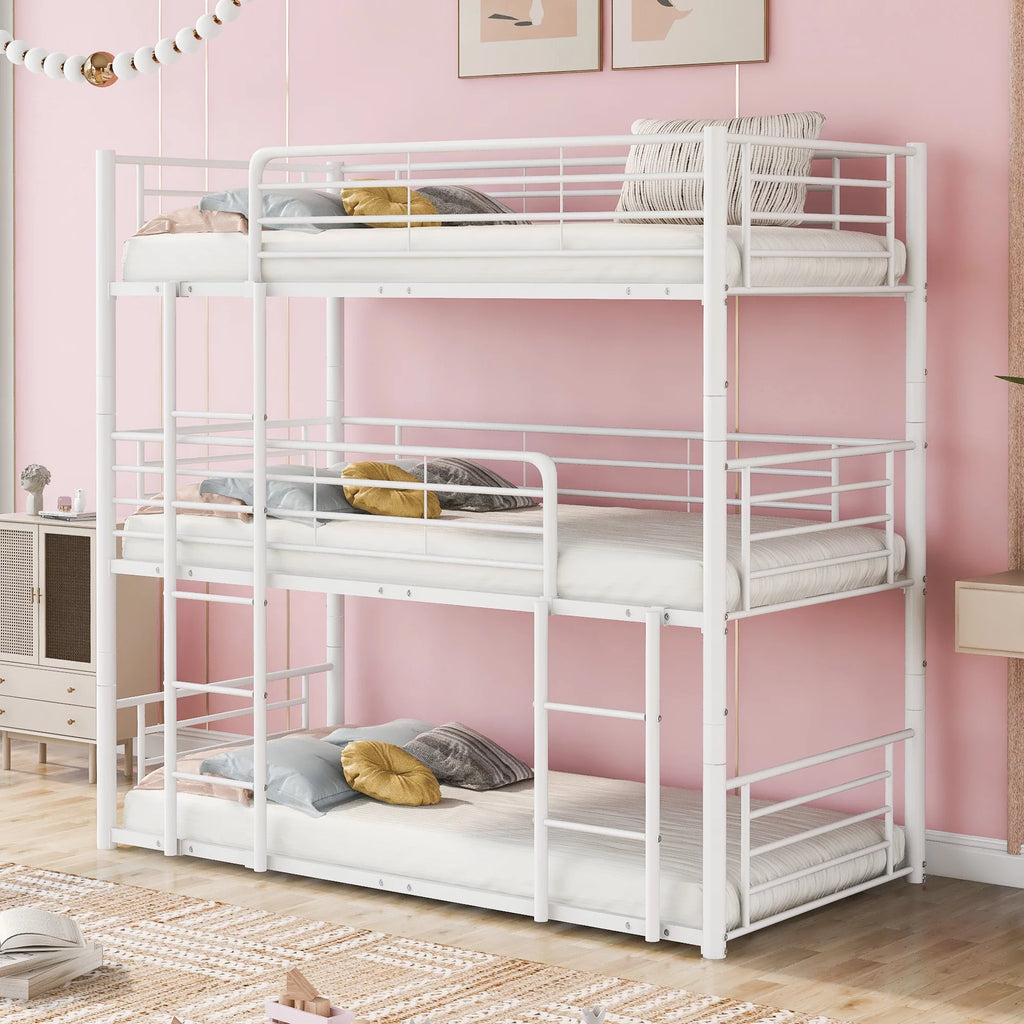 White Metal Triple Bunk Bed with Built-in Ladder R4252
