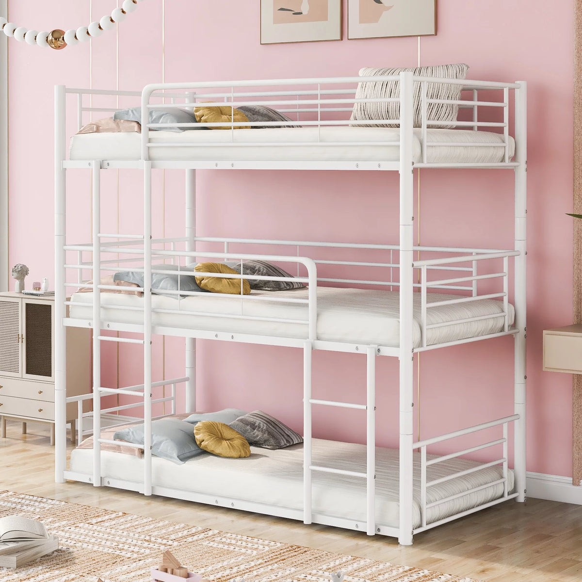 White Metal Triple Bunk Bed with Built-in Ladder R4252