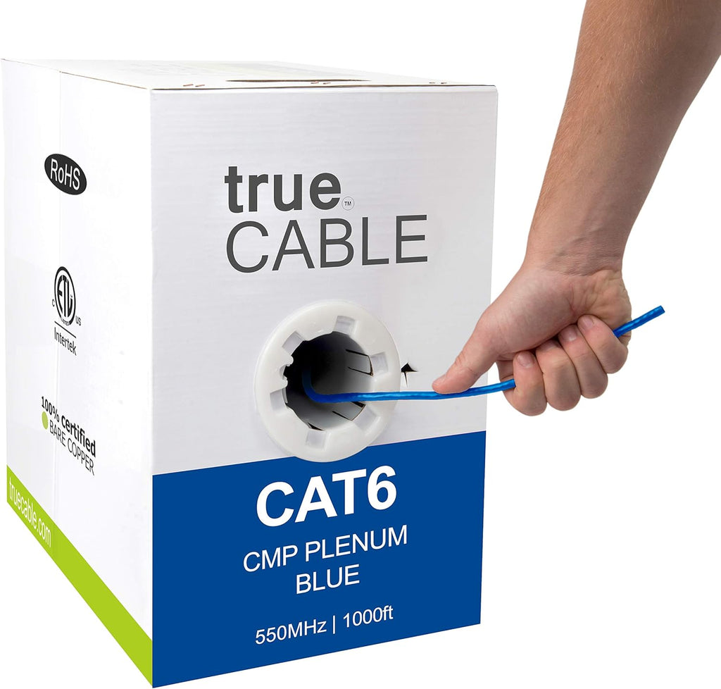 Cat6 Plenum 1000ft Black 23AWG 4 Pair Solid Bare Copper Bulk Ethernet Cable W130