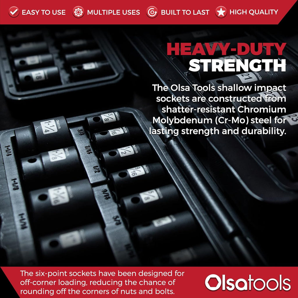 1/2 Drive Cr-Mo Shallow Impact Socket Set, 6-Point SAE, 14pc 3/8 to 1-1/4, Chromium Molybdenum, Premium Storage Case N94293