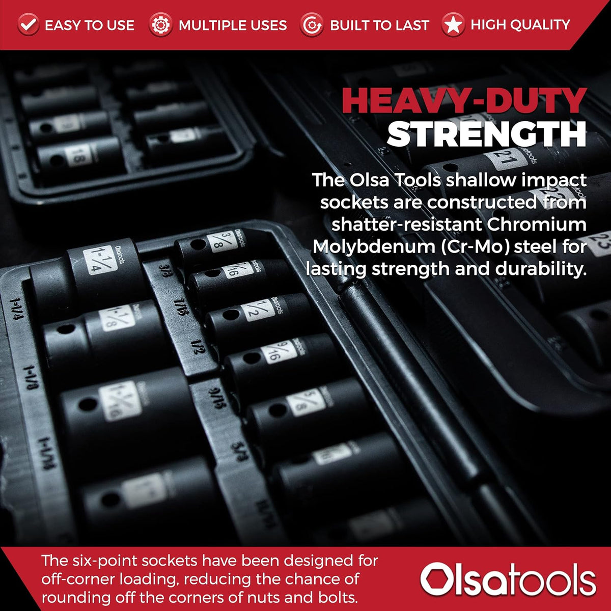1/2 Drive Cr-Mo Shallow Impact Socket Set, 6-Point SAE, 14pc 3/8 to 1-1/4, Chromium Molybdenum, Premium Storage Case N94293