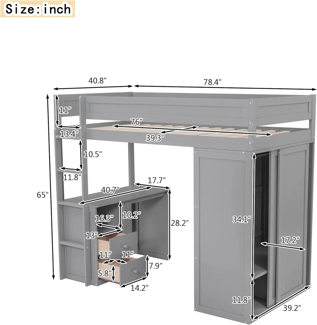 Wood Loft Bed Frame with Storage Drawers and Ladder Q658832