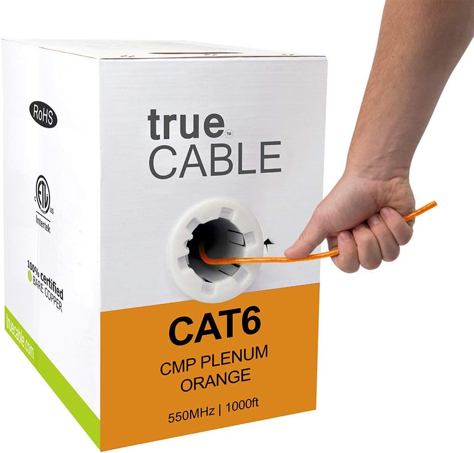 Cat6 Plenum 1000ft Black 23AWG 4 Pair Solid Bare Copper Bulk Ethernet Cable W130