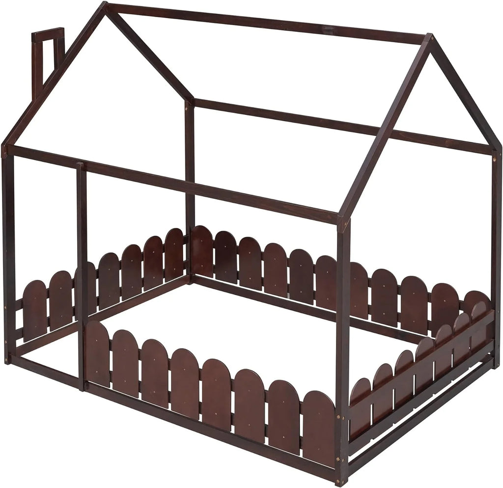 Full Size Pine Wood Cabin Bed with Guardrails N654