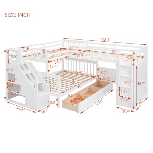 L-Shaped Twin-Twin Over Full Bunk Bed with Stairs and Guardrails X404262