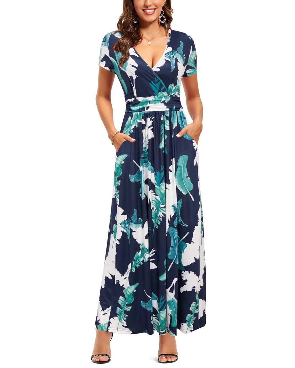 Women's Short Sleeve Wrap Waist Maxi Dress with Pockets C729270