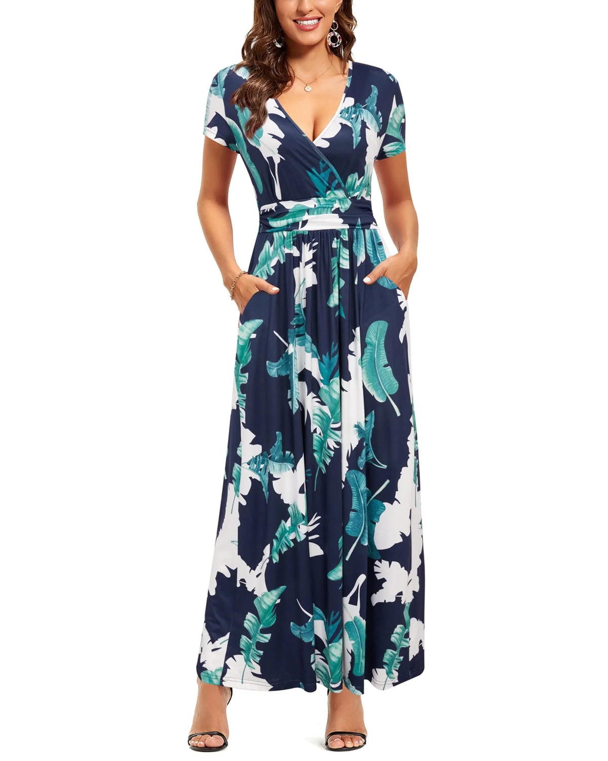 Women's Short Sleeve Wrap Waist Maxi Dress with Pockets C729270
