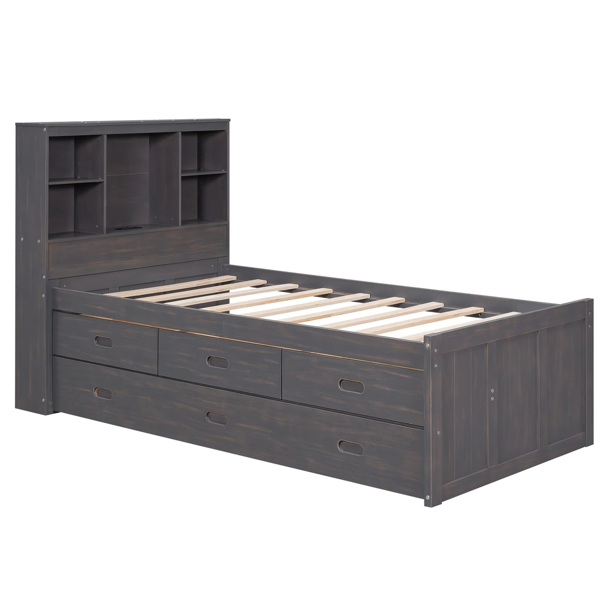 Twin Size Wood Platform Bed with Storage Headboard and Trundle C202605