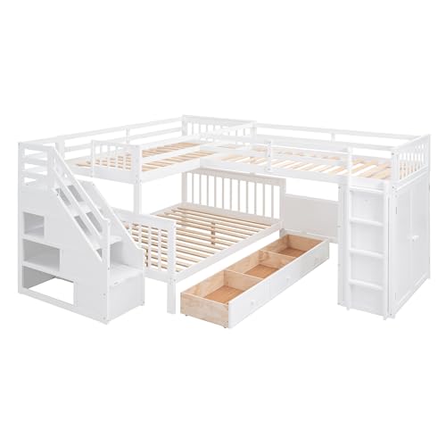 L-Shaped Twin-Twin Over Full Bunk Bed with Stairs and Guardrails X404262