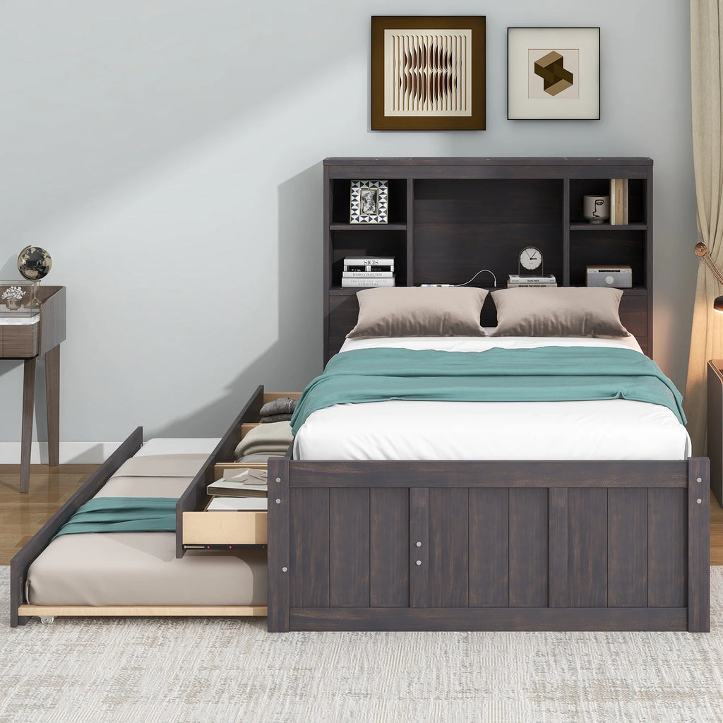 Twin Size Wood Platform Bed with Storage Headboard and Trundle C202605