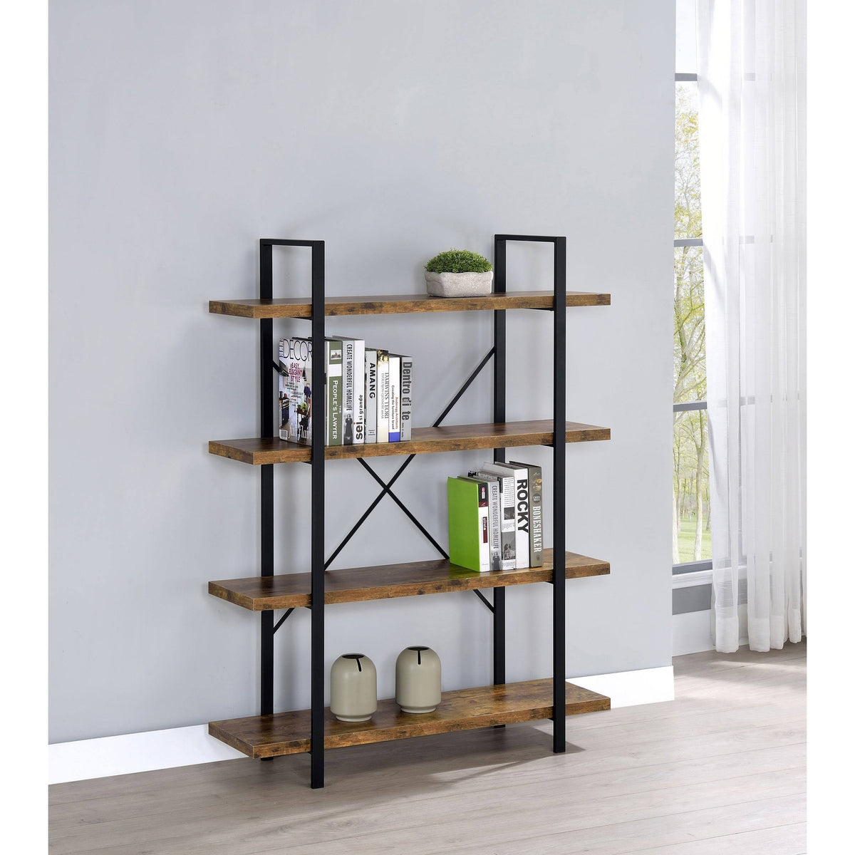 Antique Nutmeg and Black 4-Shelf Bookcase P5647