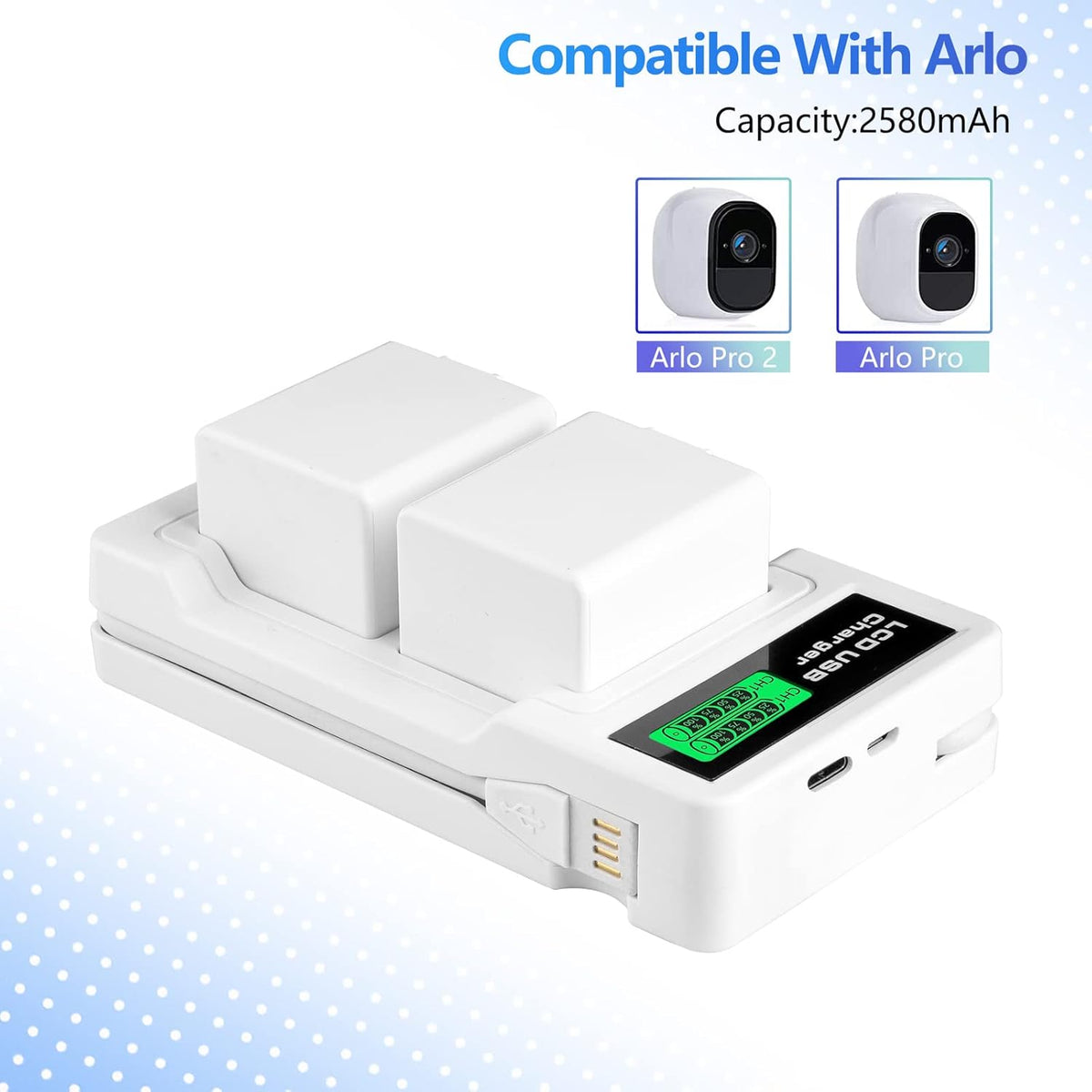 2-Pack 2580mAh Li-ion Rechargeable Batteries with Charger Station for Arlo Pro/Pro 2 Camera W71405