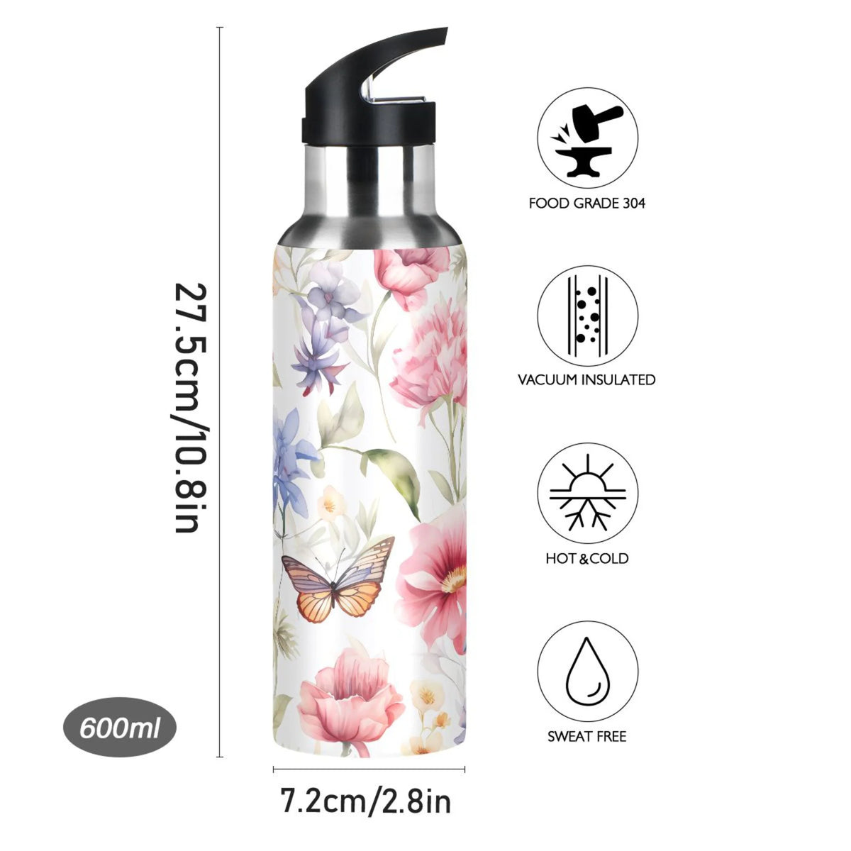 Stainless Steel Insulated Thermos Vacuum Flask Water Bottle with Straw Lid S278945