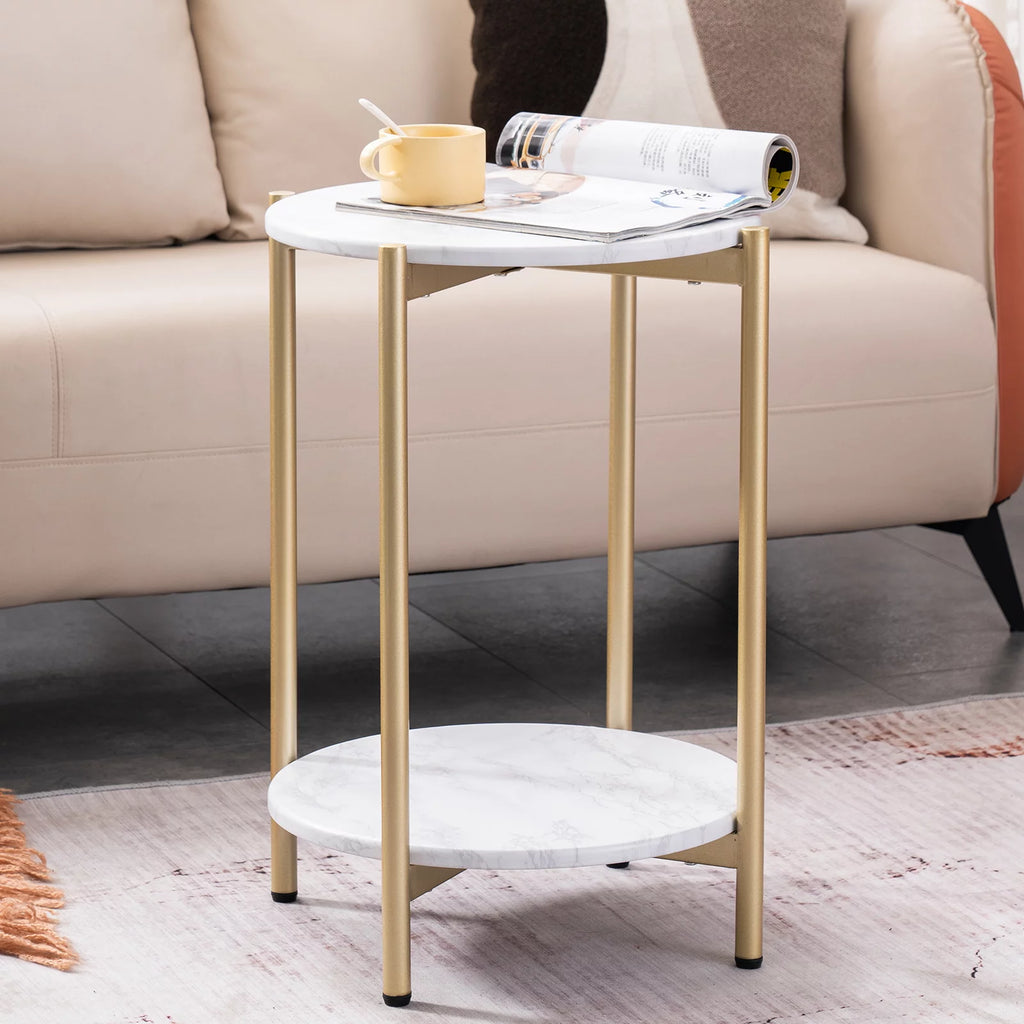 Gold White 2-Tier Round Faux Marble End Table T12201