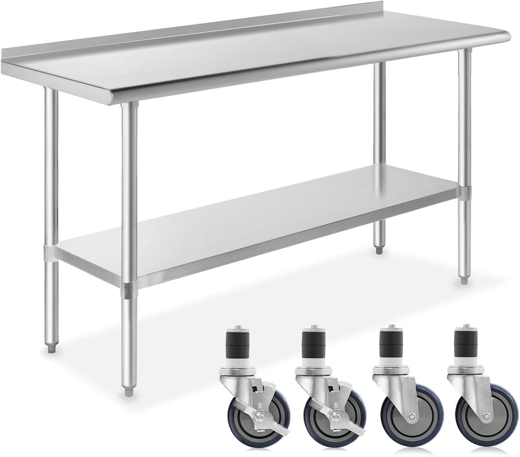 NSF Stainless Steel Commercial Kitchen Prep Work Table with Backsplash 4 Casters V180964