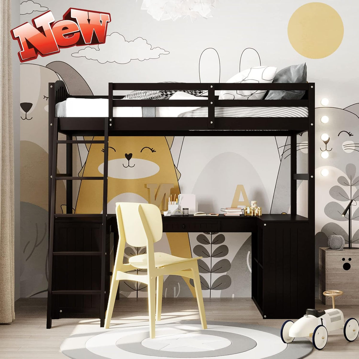 Espresso Twin Loft Bed with Desk, Storage Drawers, Cabinet Shelves S3566
