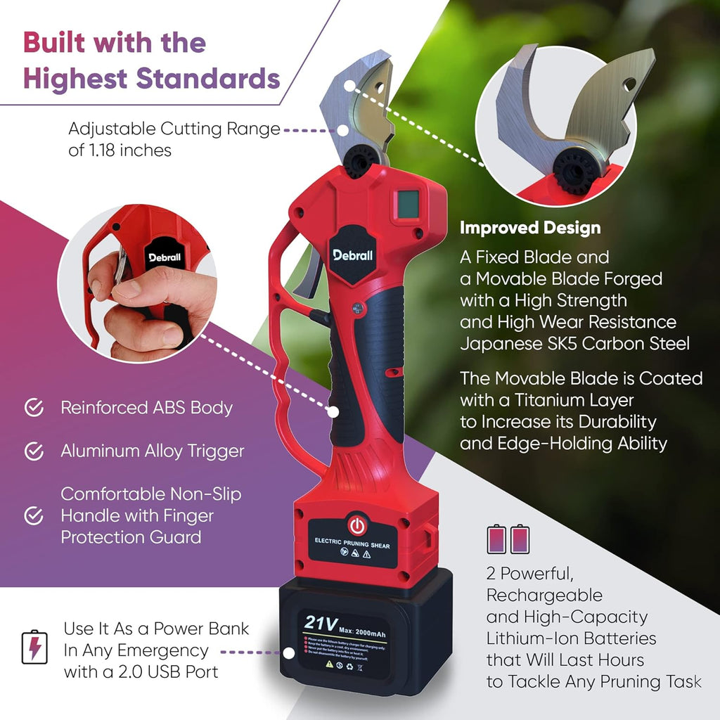 Electric Pruning Shears 21V, SK5 Carbon Steel Blades, 2 Rechargeable 2Ah Lithium Batteries, LCD Display, 30 mm Cutting Diameter, Pack of 2 X311