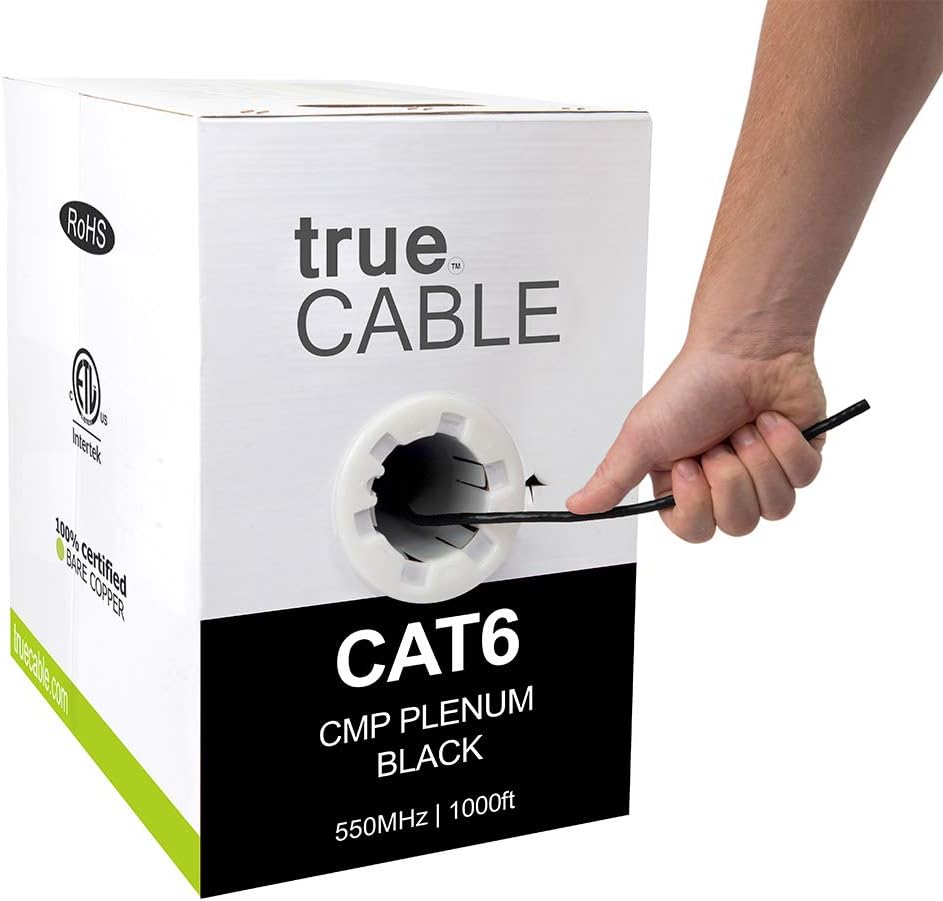 Cat6 Plenum 1000ft Black 23AWG 4 Pair Solid Bare Copper Bulk Ethernet Cable W130