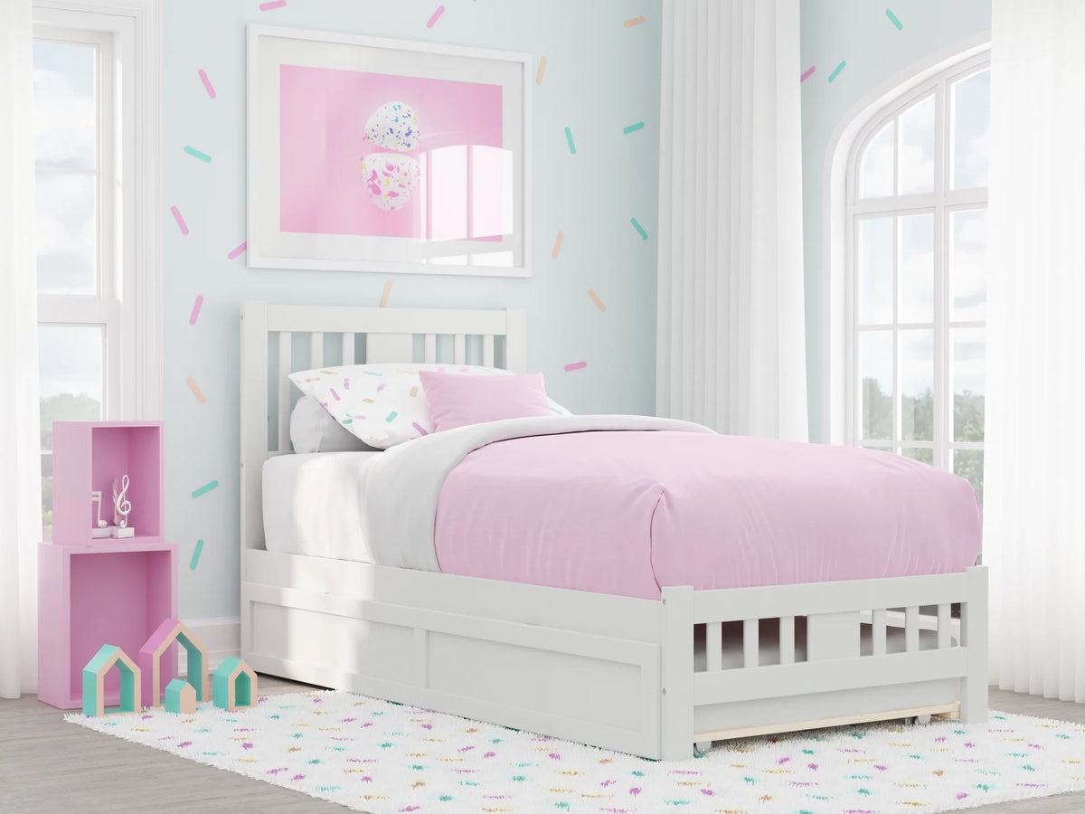 White Twin Wood Platform Bed with Trundle B172478