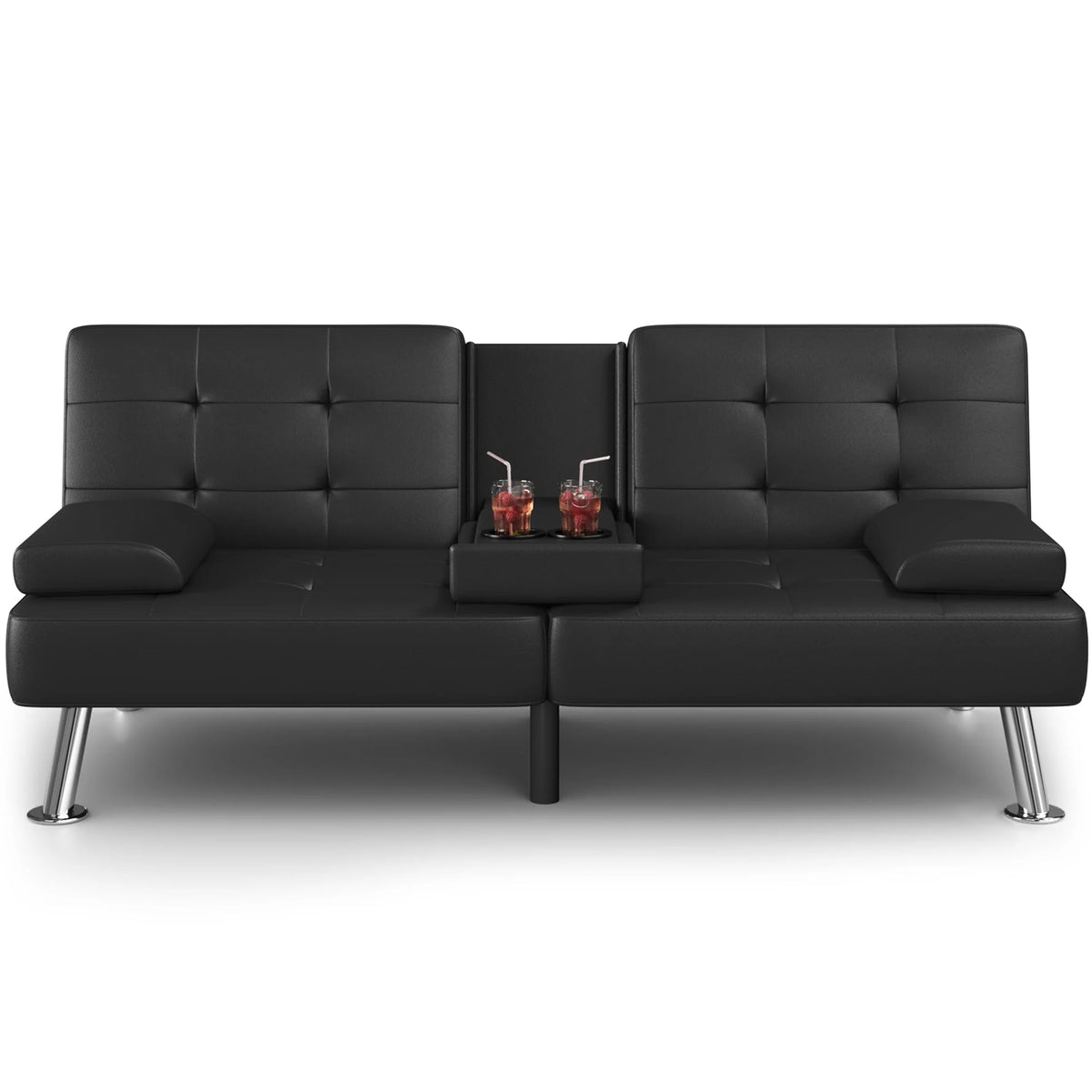 Faux Leather Convertible Futon Sofa Bed with 2 Cup Holders U80141