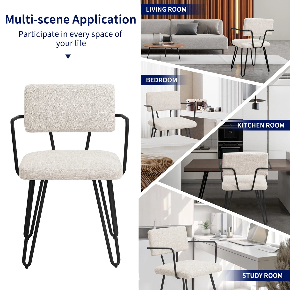 Off-White Set of 6 Dining Chairs with Metal Arms L16712