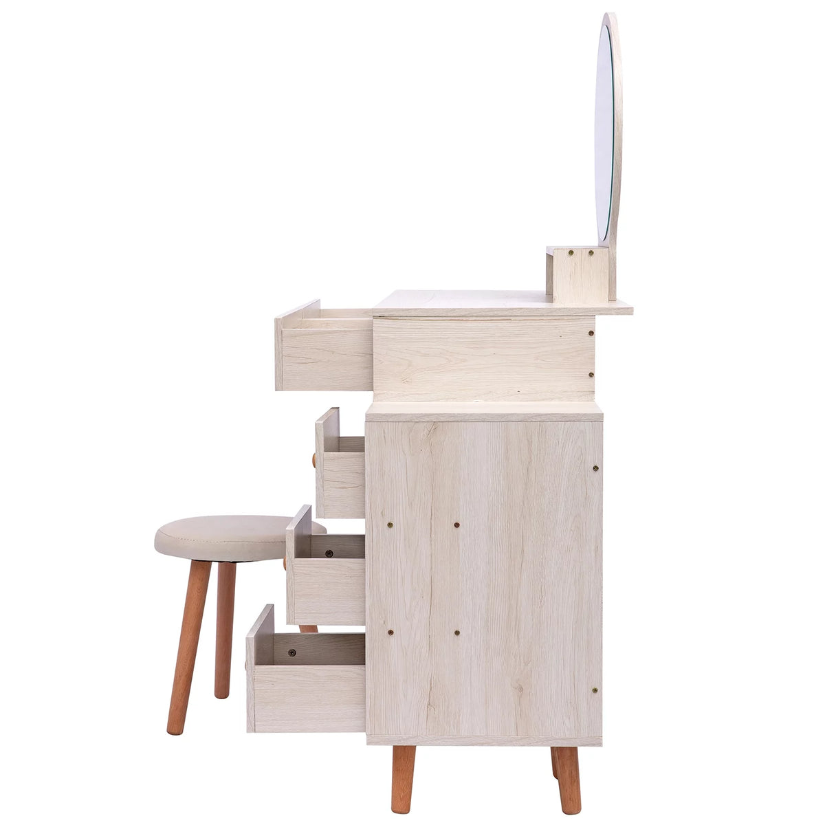 Makeup Vanity Table with Cushioned Stool, 5 Drawers, Round Mirror A510