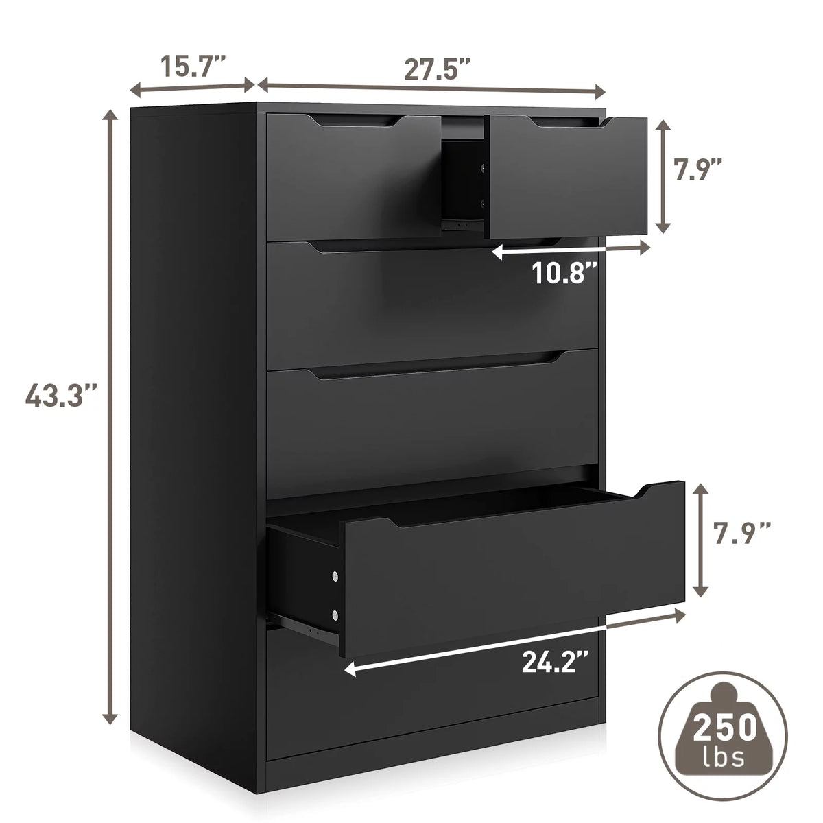 Black Tall Wood 6 Drawer Dresser A110