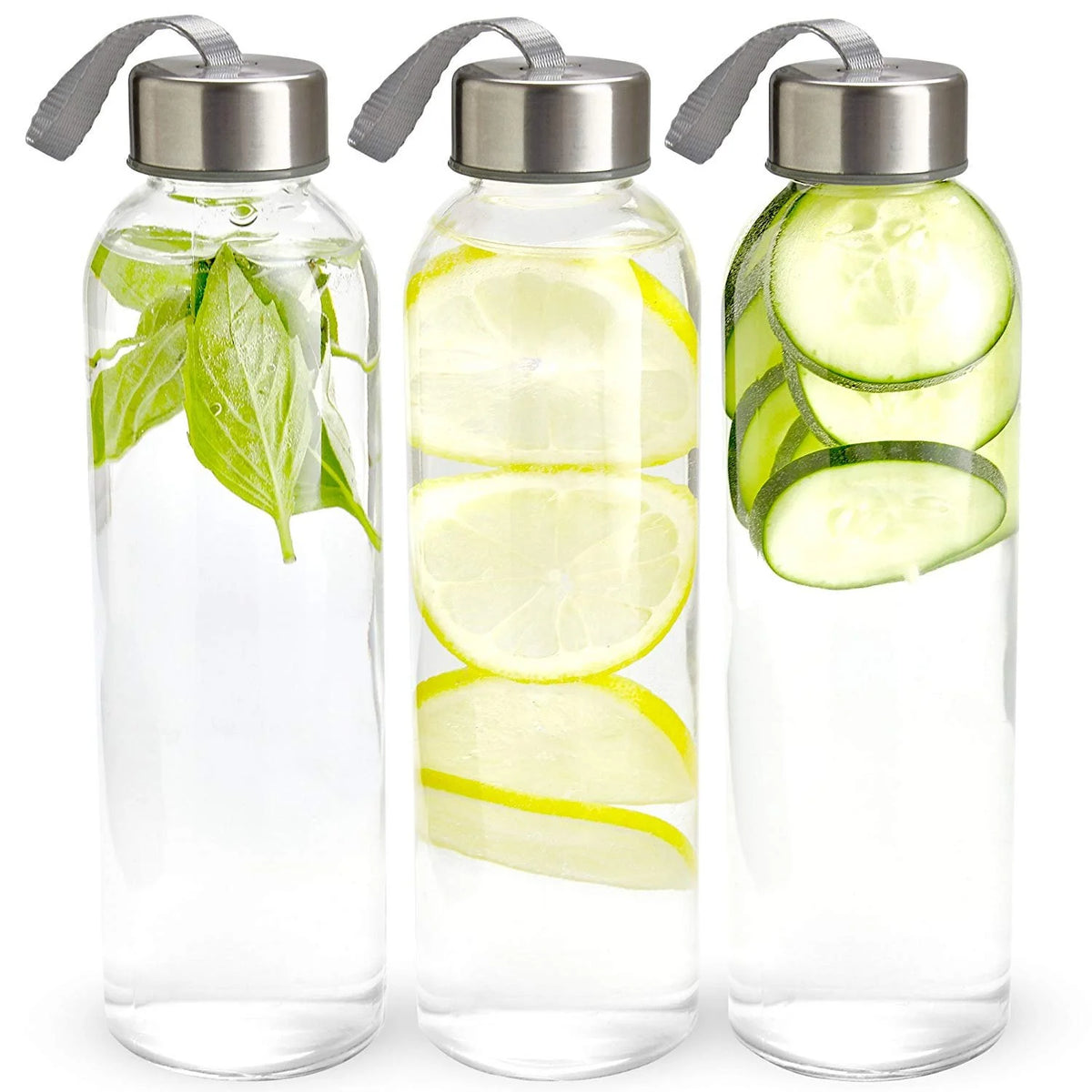 18 Oz Pack of 4 Glass Water Bottles with Lids and Sleeves N6202