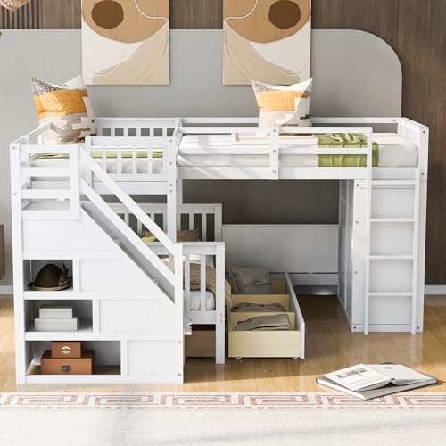L-Shaped Twin-Twin Over Full Bunk Bed with Stairs and Guardrails X404262