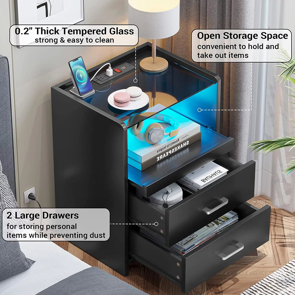 Black LED Nightstand with USB Charging and Drawers J970