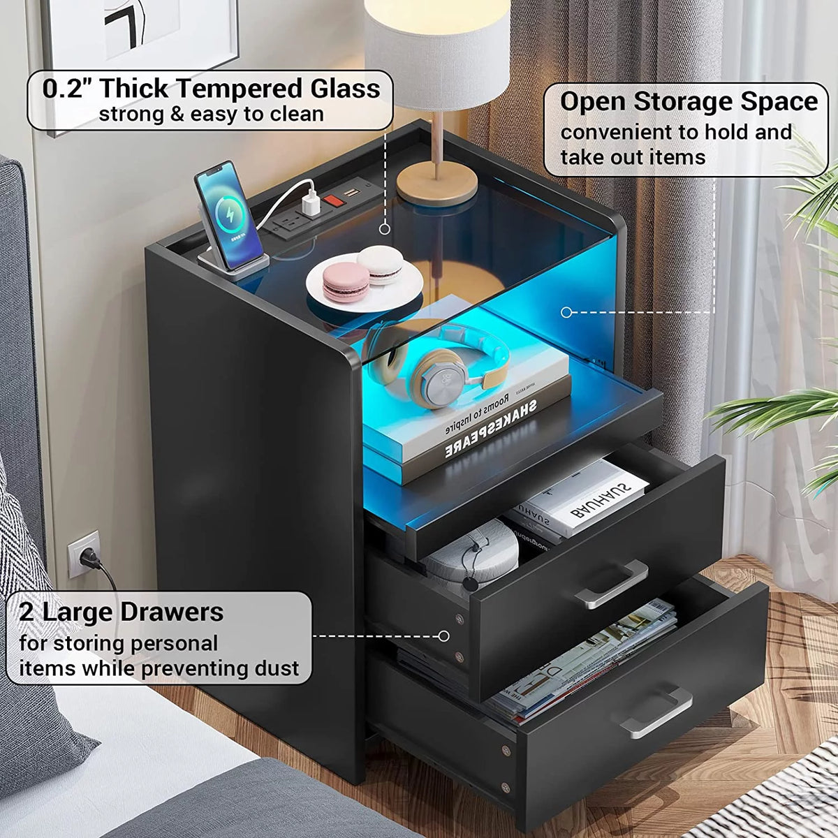 Black LED Nightstand with USB Charging and Drawers J970