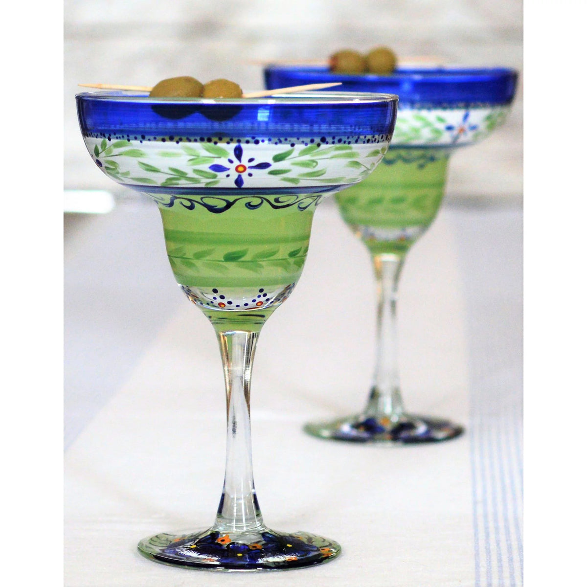 Set of 2 Green Floral Hand Painted Stemware Glasses 12 oz Z7394