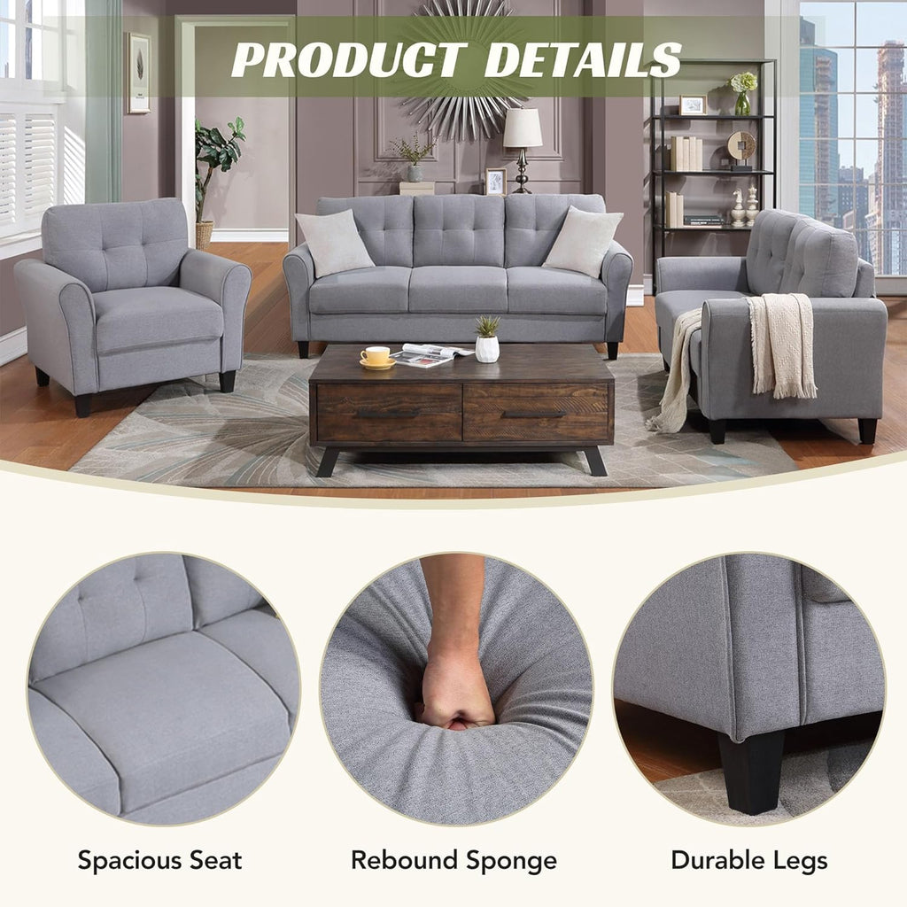 Light Grey-Blue 3-Seat Sectional Sofa Set with Armchair Loveseat U56734