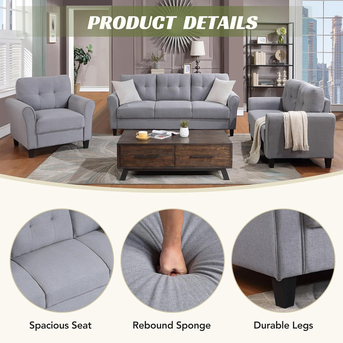 Light Grey-Blue 3-Seat Sectional Sofa Set with Armchair Loveseat U56734