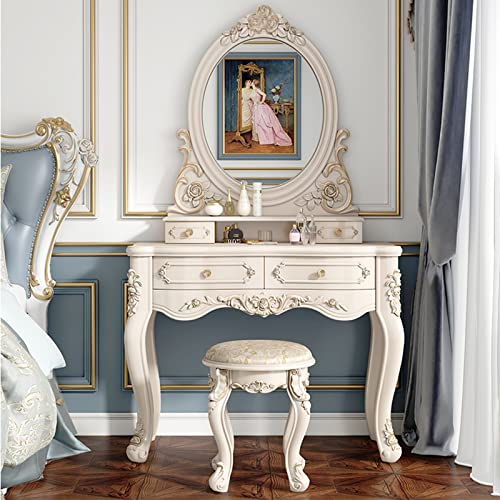 White Makeup Vanity with LED Light Mirror and Cushioned Stool A336