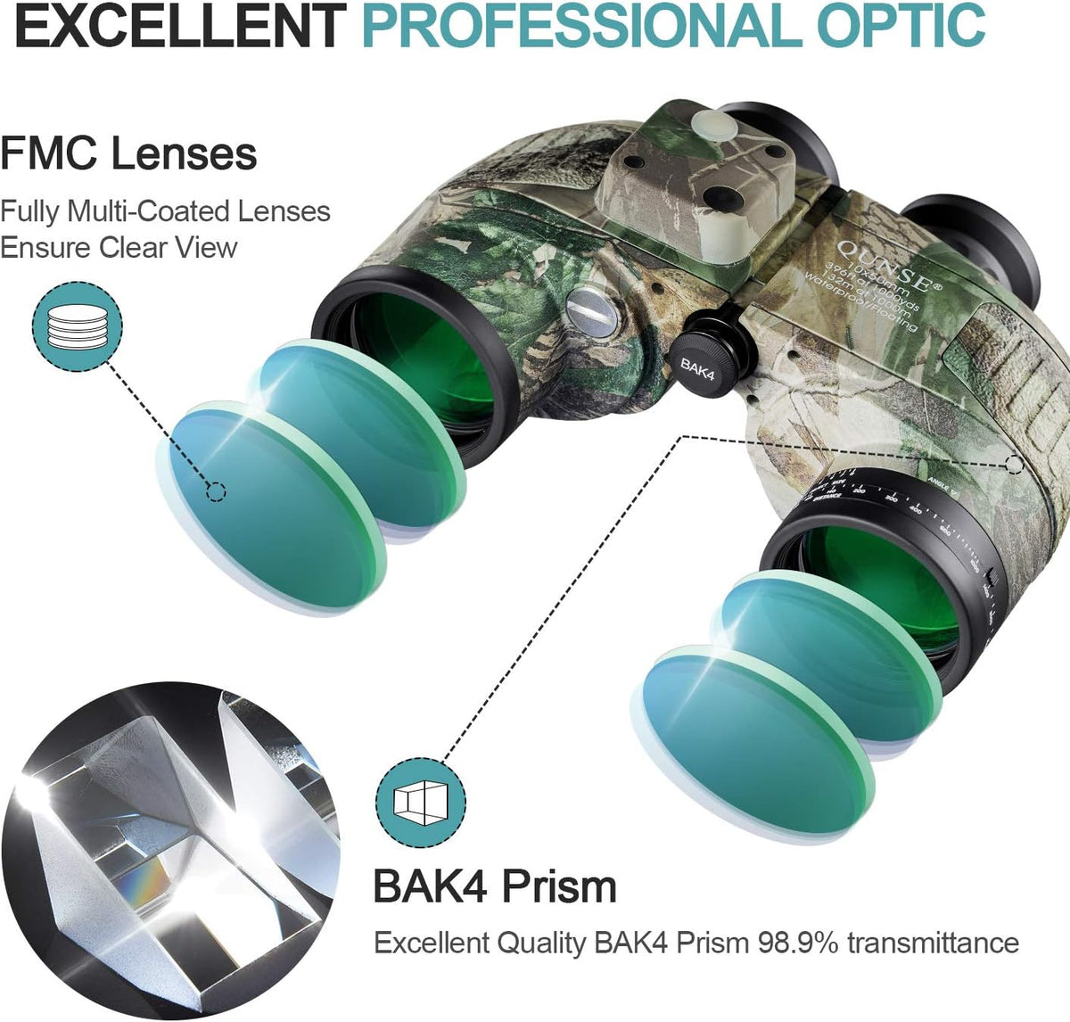 Camouflage 10X50 Waterproof Marine Binoculars with Rangefinder Compass R53692