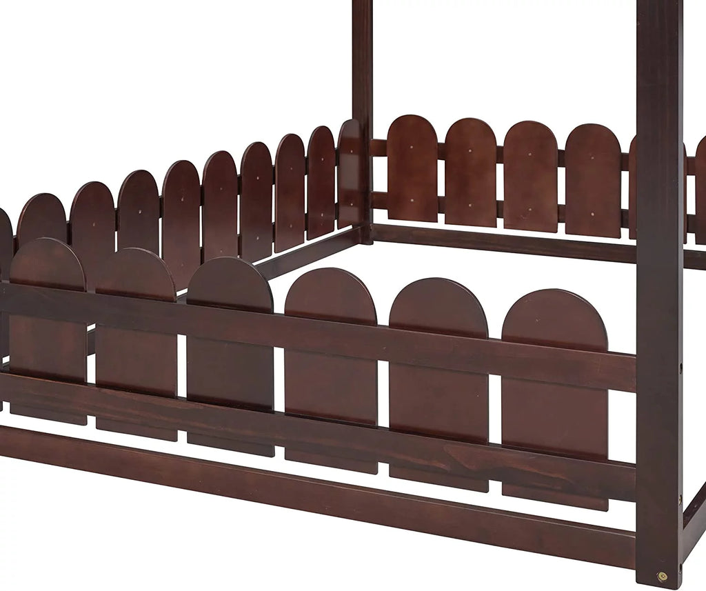 Full Size Pine Wood Cabin Bed with Guardrails N654