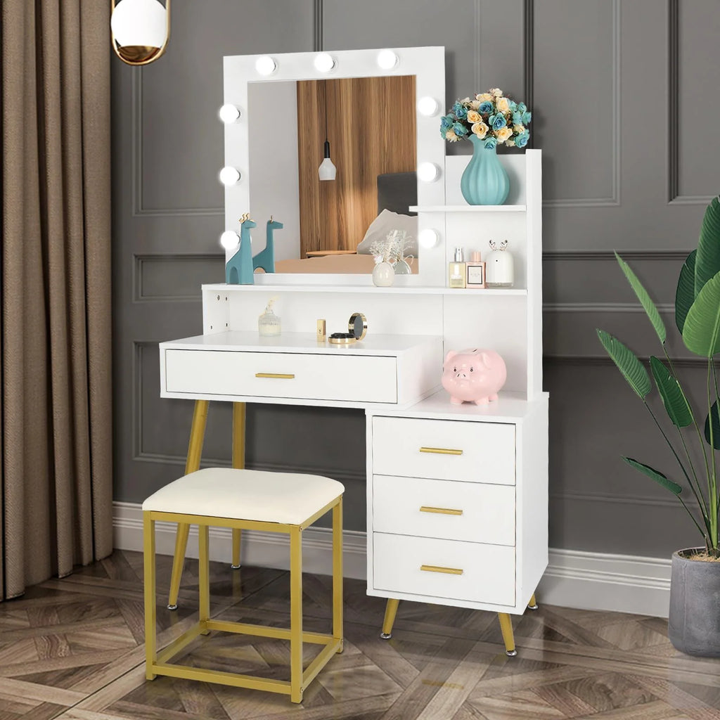 White Vanity Table Set with Lighted Mirror and 4 Drawers T42857