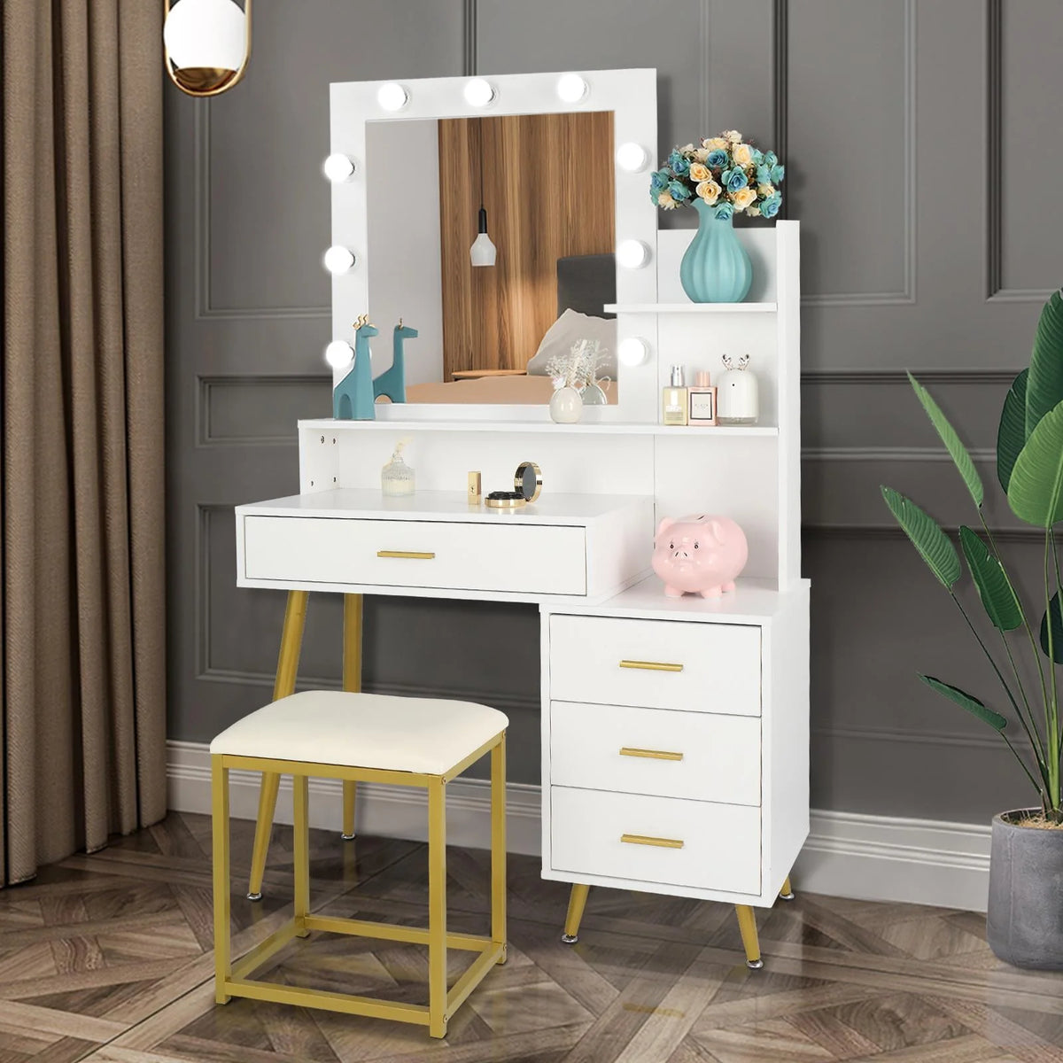White Vanity Table Set with Lighted Mirror and 4 Drawers T42857