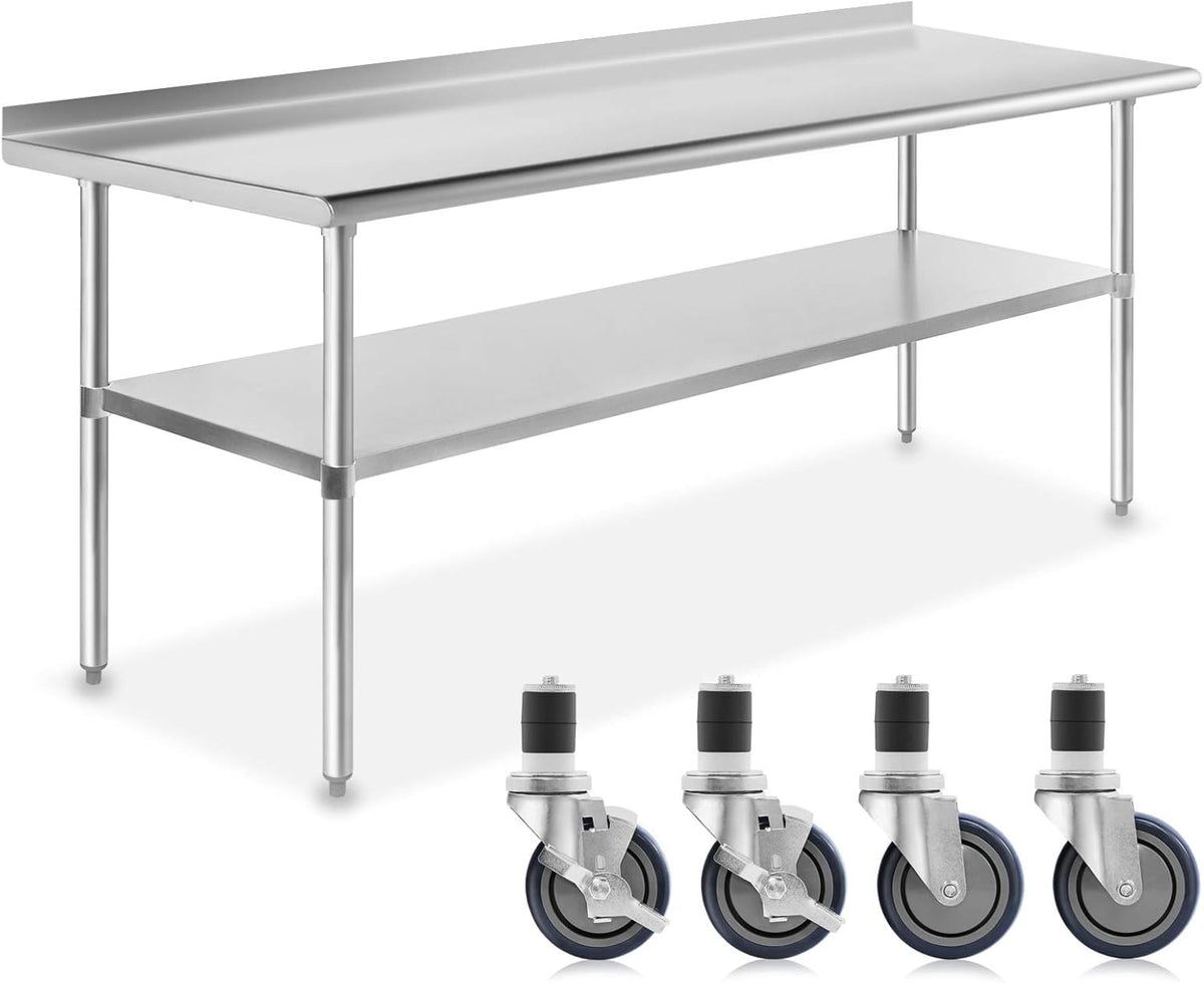 NSF Stainless Steel Commercial Kitchen Prep Work Table with Backsplash 4 Casters V180964