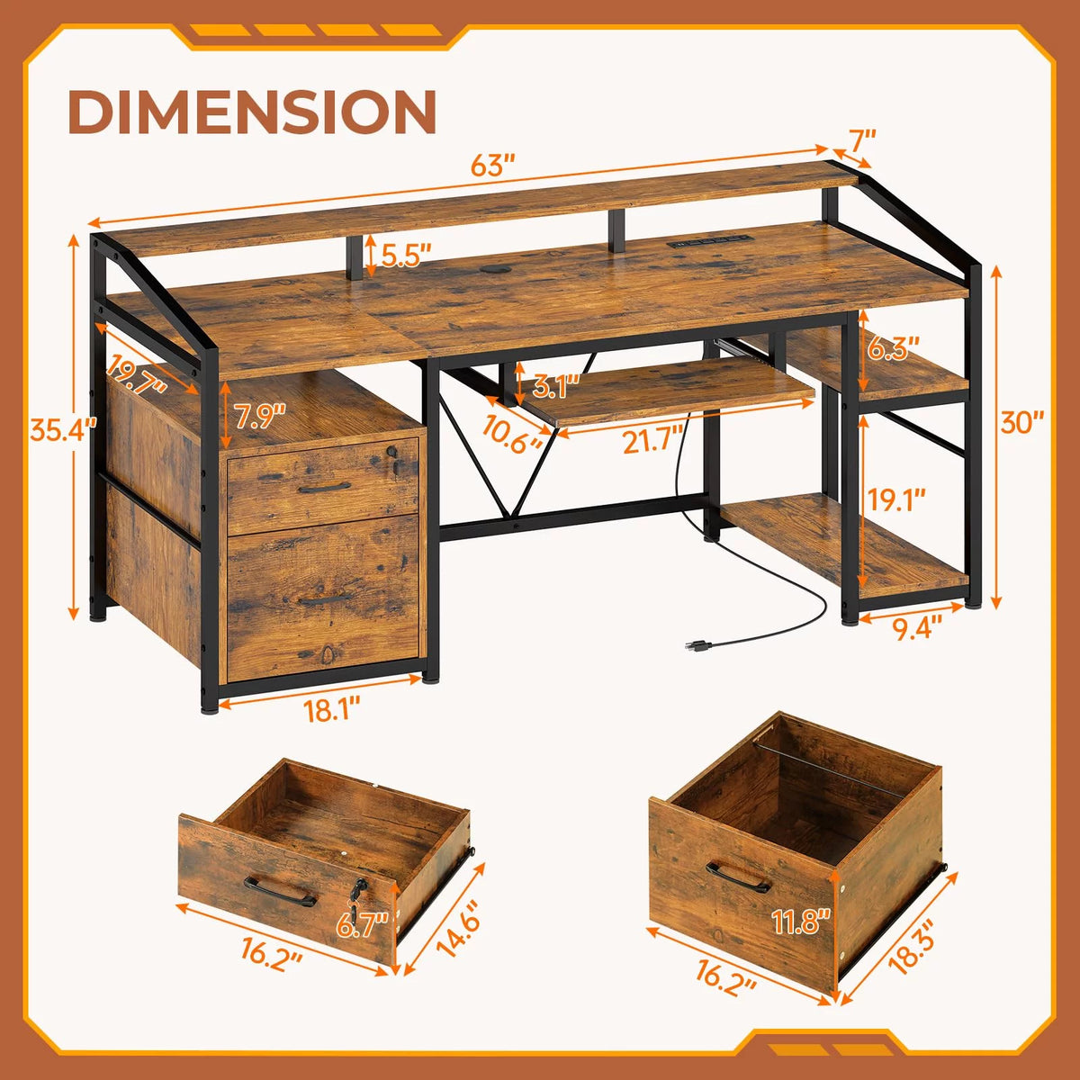 Computer Desk with LED Light and Power Outlet, 63 inches Gaming Desk with Lock Drawers E628