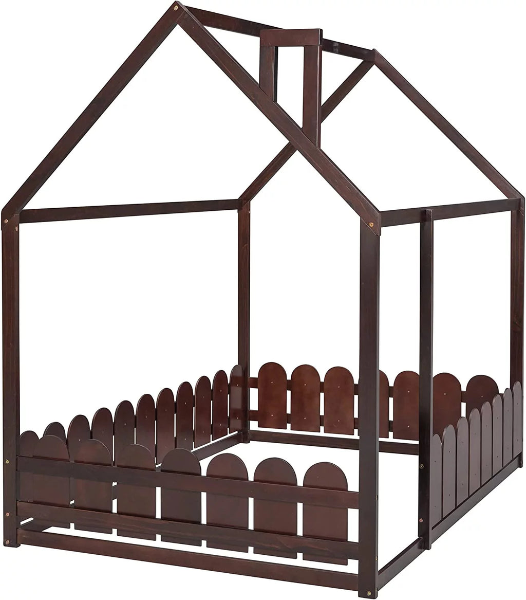 Full Size Pine Wood Cabin Bed with Guardrails N654
