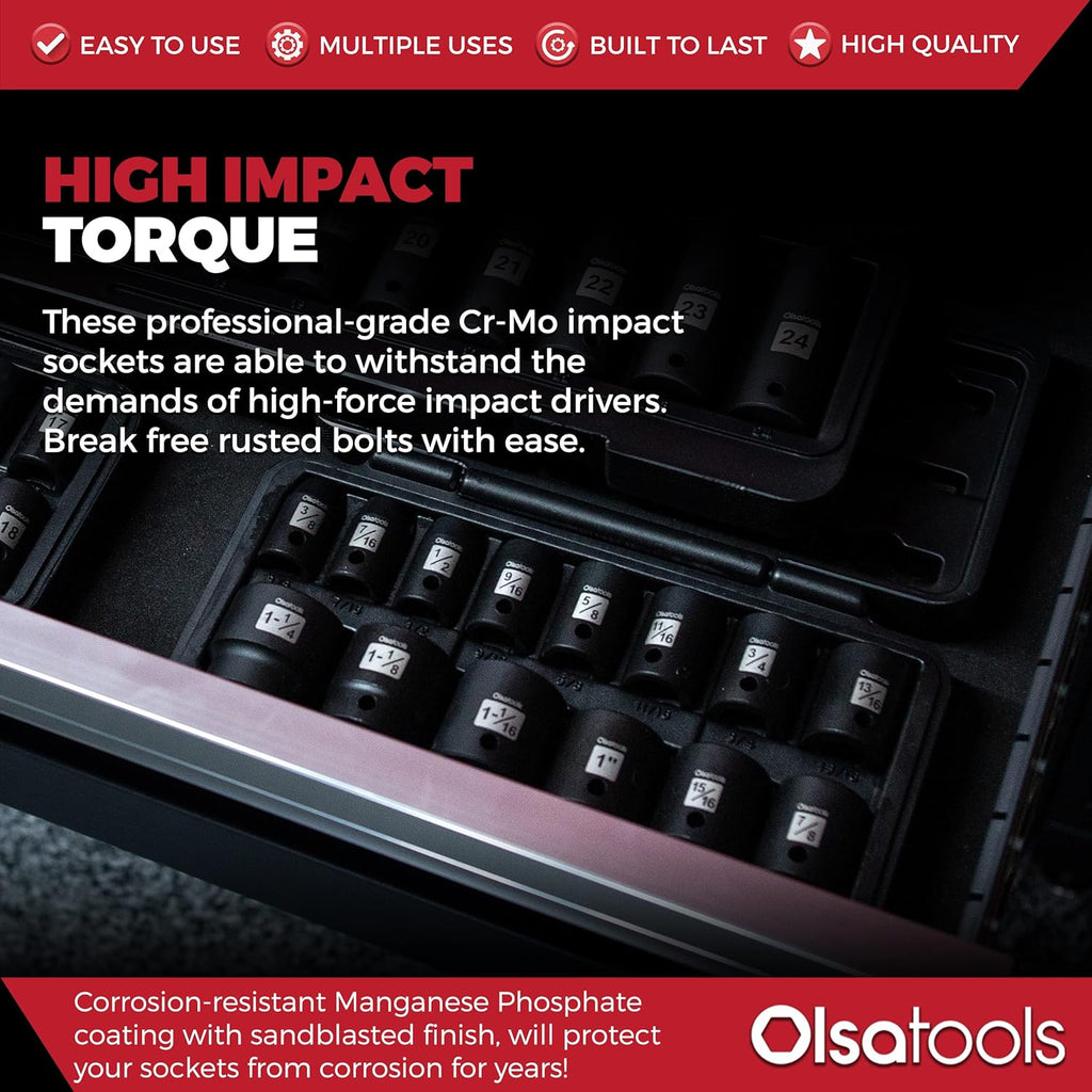 1/2 Drive Cr-Mo Shallow Impact Socket Set, 6-Point SAE, 14pc 3/8 to 1-1/4, Chromium Molybdenum, Premium Storage Case N94293